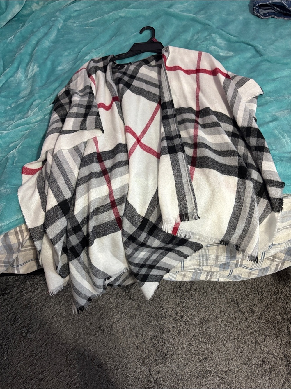 Plaid Open-Front Shawl Collar Wrap - White/Black/Red